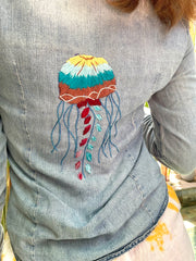 Vintage Denim Button Down With Shakira Hand Embroidery- Up-Cycled Collection
