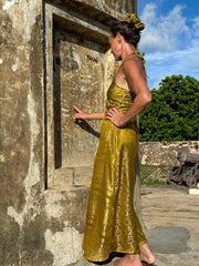 The Christina Halter Dress - Upcycled Saree Textile - Golden Retro Riviera Collection