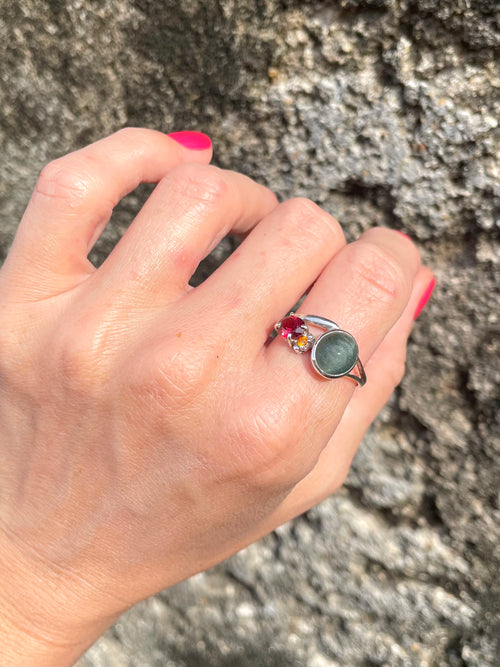 Indian Catseye, Yellow Quartz & Garnet in .925 Silver Ring - Made In Sri Lanka - Kalumali Design
