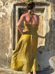 The Christina Halter Dress - Upcycled Saree Textile - Golden Retro Riviera Collection