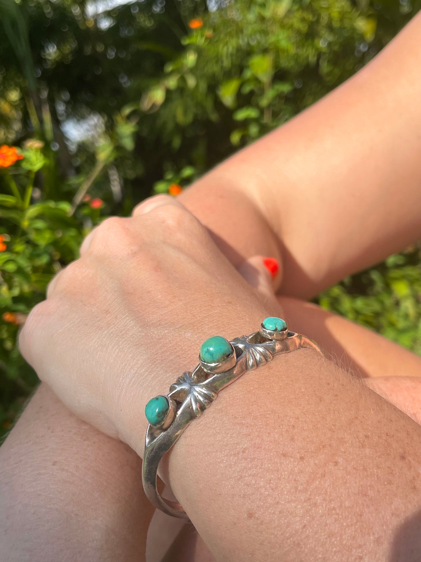 “Love Is For Sharing” - Vintage 3 Turquoise Stone And Silver Cuff