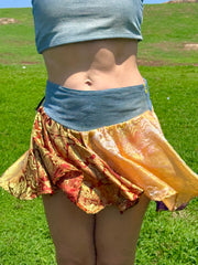Gilded Honey Skirt - Upcycled Denim & Silk Saree Textile - Golden Retro Riviera Collection