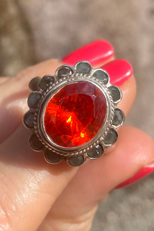 Vintage Hessinite Cinnamon Stone & Silver Ring With Emerald  Crown