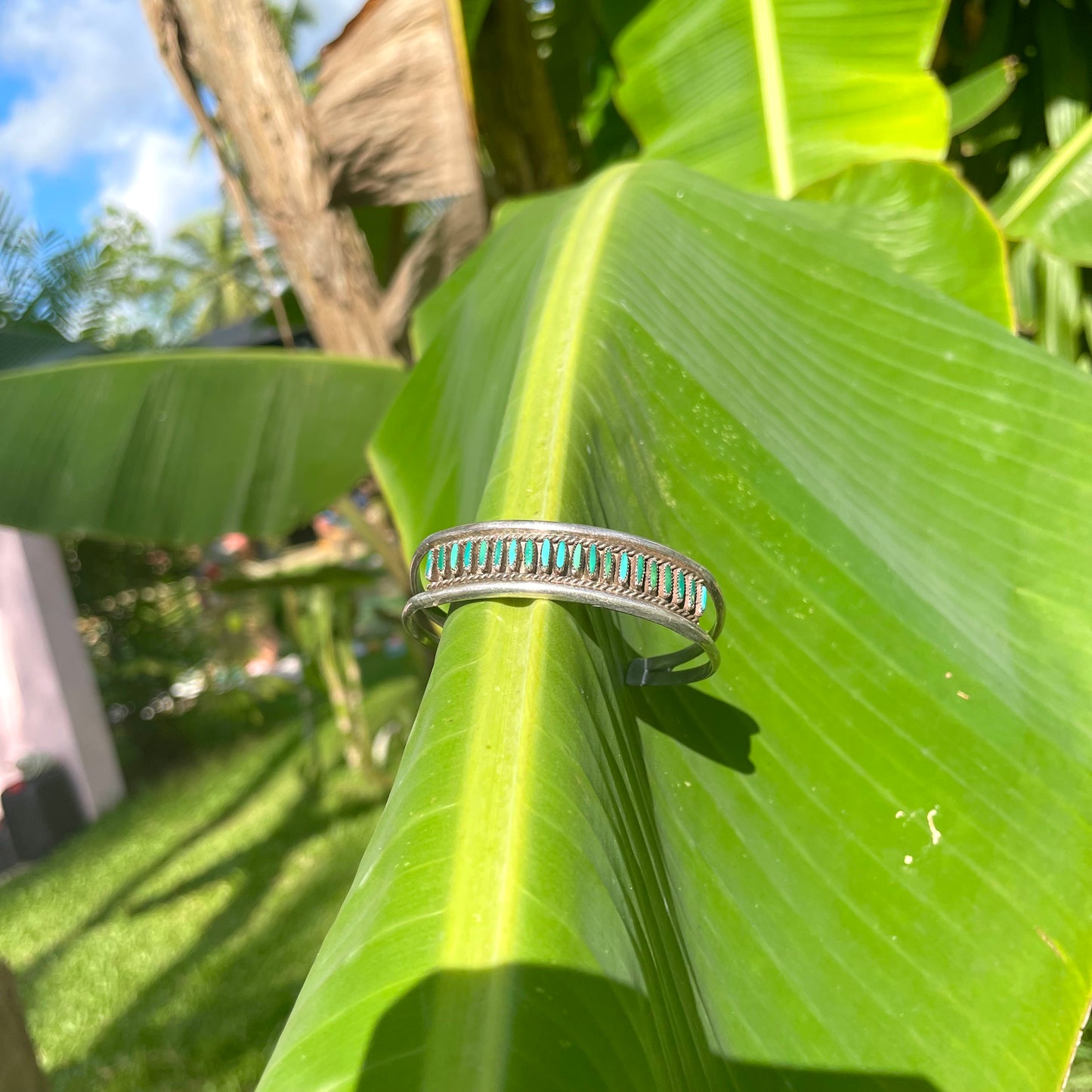 Vintage Native American S. Sanchez Zuni Signed - Turquoise & Silver Cuff