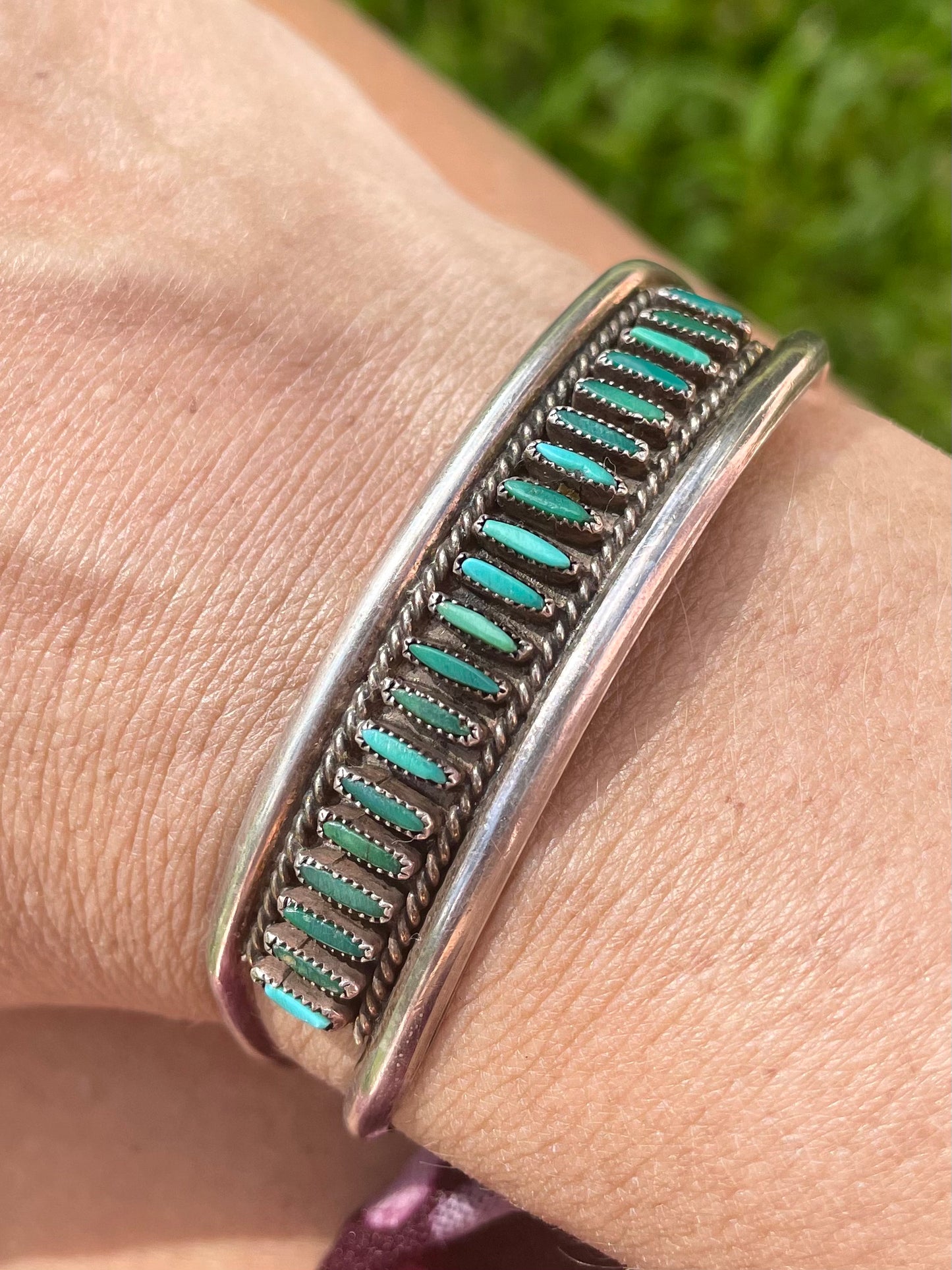 Vintage Native American S. Sanchez Zuni Signed - Turquoise & Silver Cuff