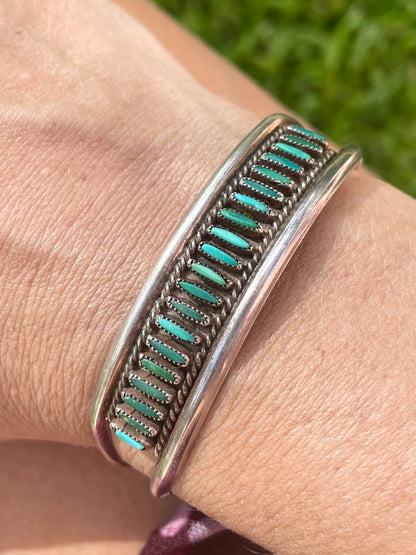 Vintage Native American S. Sanchez Zuni Signed - Turquoise & Silver Cuff