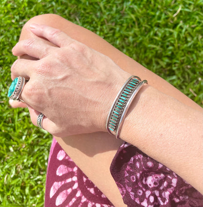 Vintage Native American S. Sanchez Zuni Signed - Turquoise & Silver Cuff