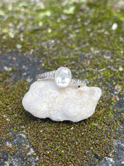 Silver engraved band with white Sri Lankan Sapphire size 7 made by Sri Lankan artisans with Fair Trade principles
