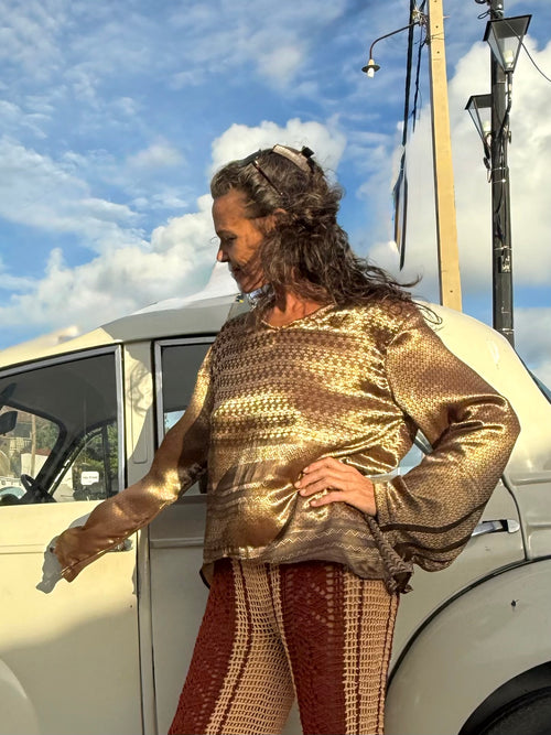 The Silky Mocha Blouse - Upcycled Saree Textile - Golden Retro Riviera Collection