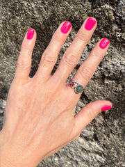 Indian Catseye, Yellow Quartz & Garnet Silver Ring on painted nail hand - Made In Sri Lanka - Kalumali artisan Design