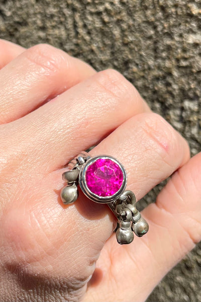 Vintage Afghan Fuscia Sterling Silver Ring With Bells