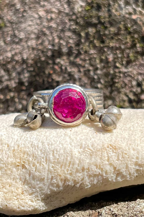 Vintage Afghan Fuscia Sterling Silver Ring With Bells