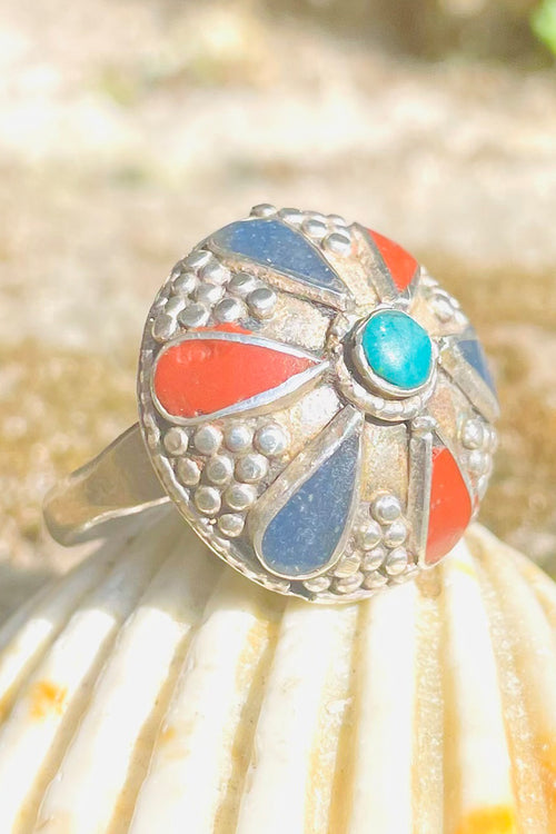 Vintage Afghan Ring With Turquoise, Coral And Lapis In .925 Silver
