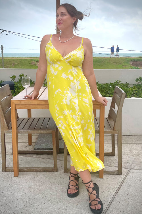 Front view of Bobo Global Yellow Sandenie Dress - vintage inspired - tie dye cotton 