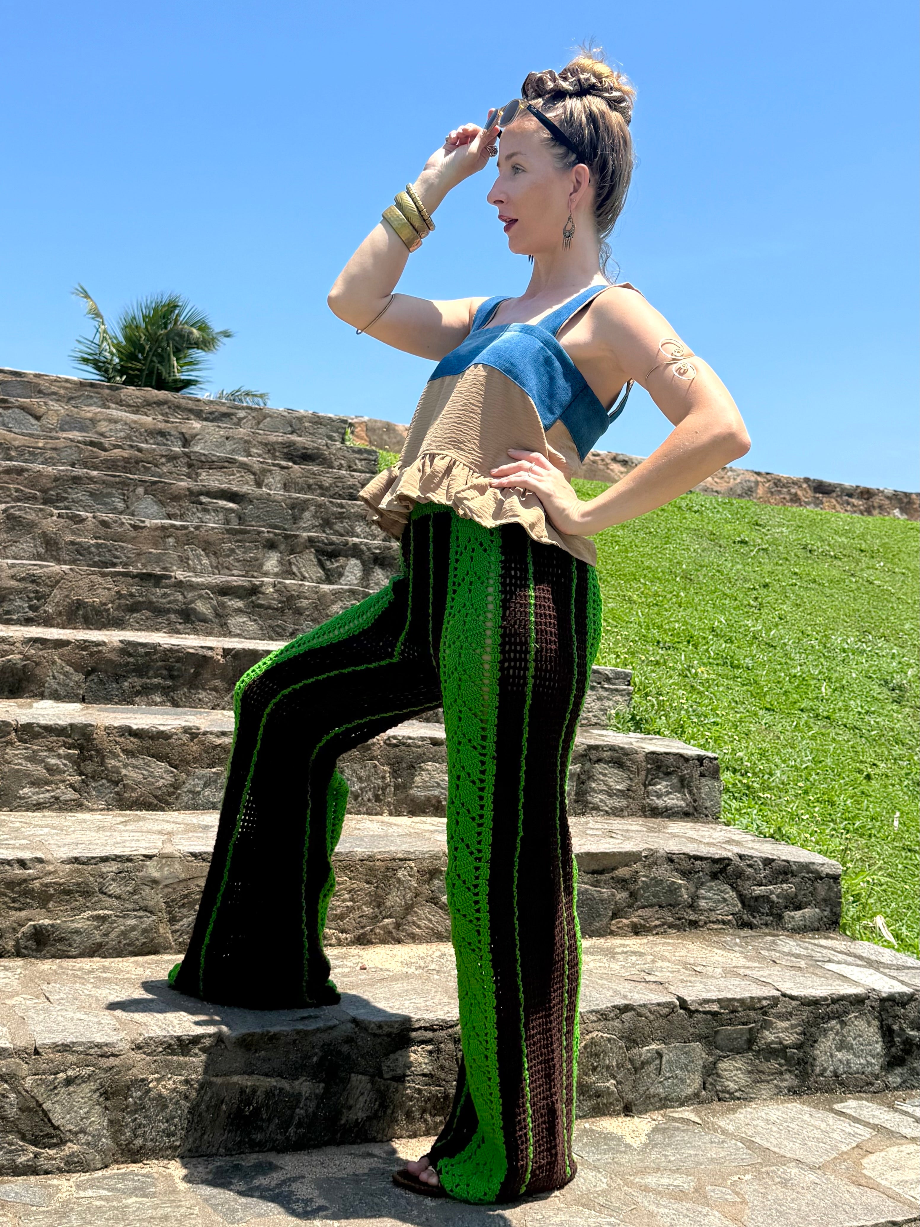 Handmade Artisan crochet pant & top made from upcycled denim khaki pant