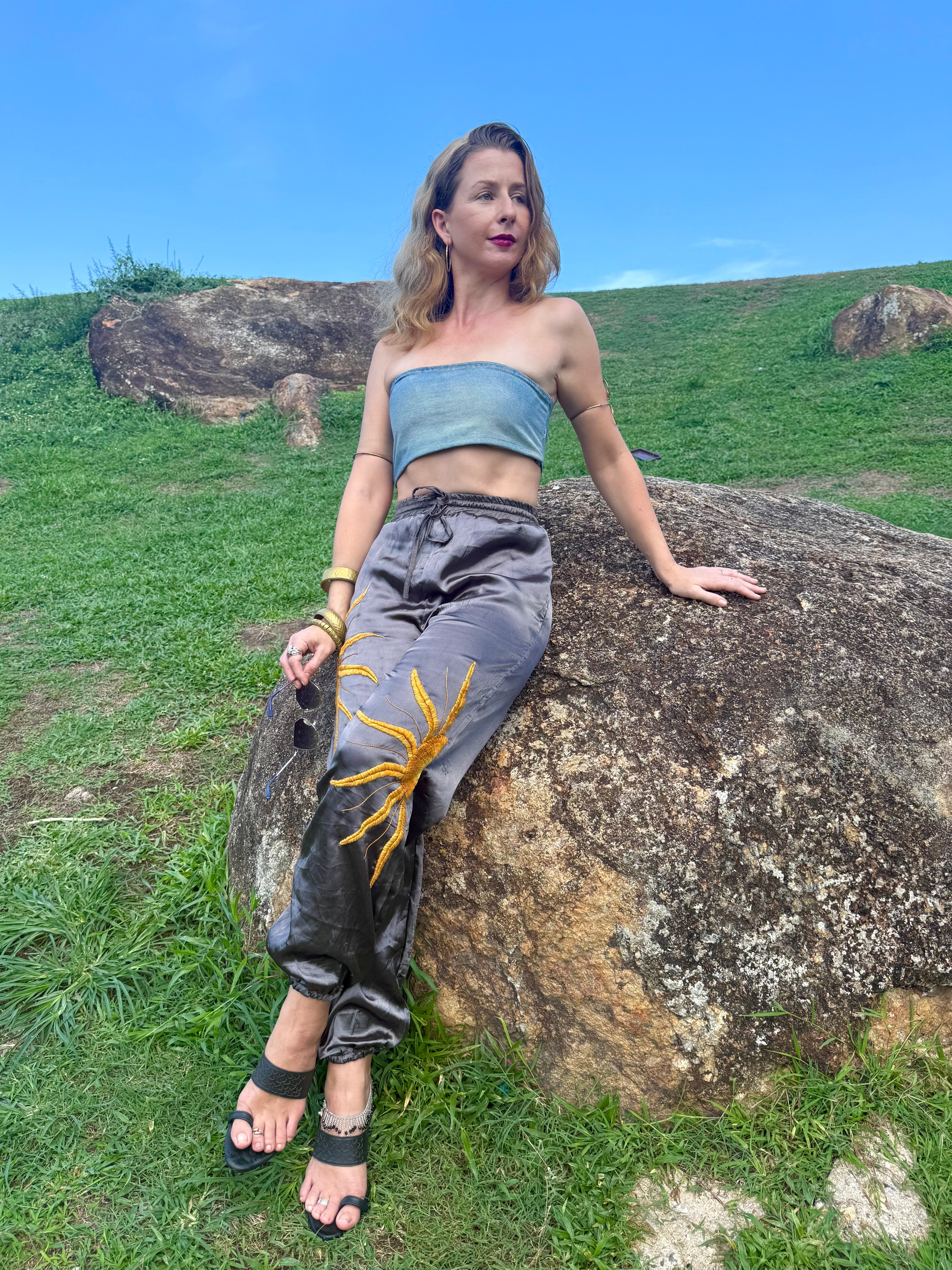 Hand embroidered silk soleil pant with Denim tube top