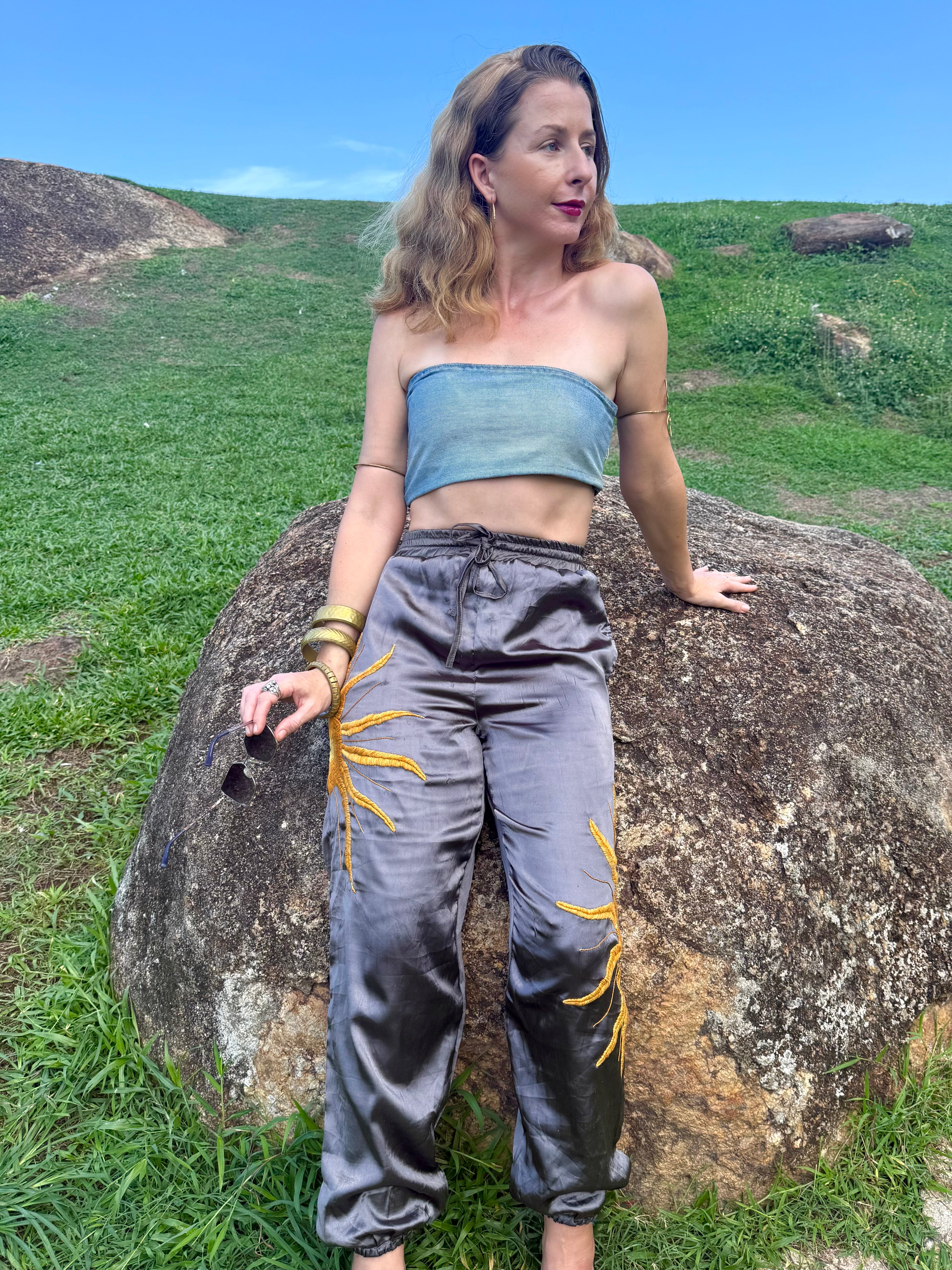 Clouseup Embroidered sun on vintage silk pants with upcycled jean bandeau top