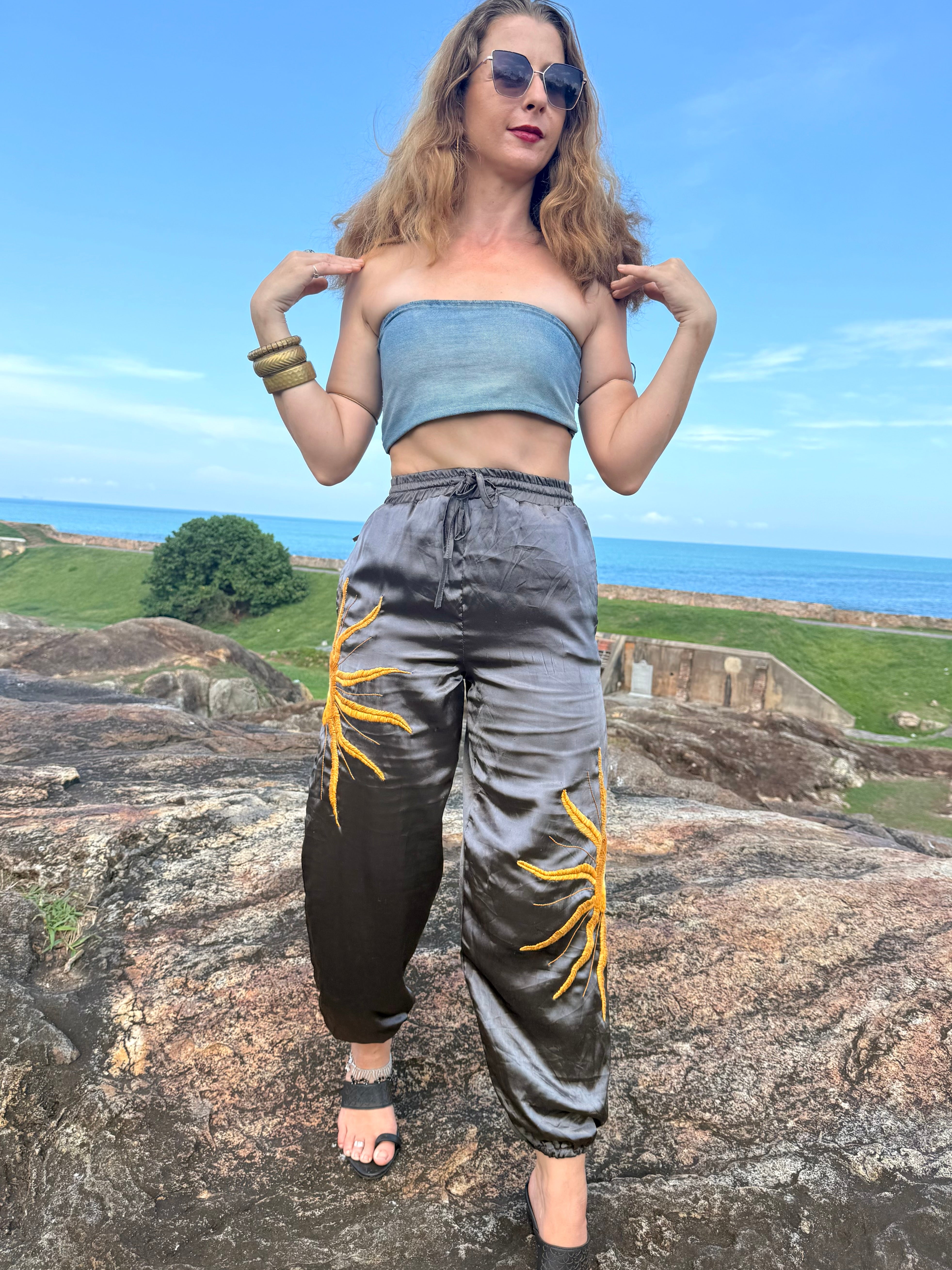 Closup with Celestial Embroidered silk vintage pants and recycled Denim crop