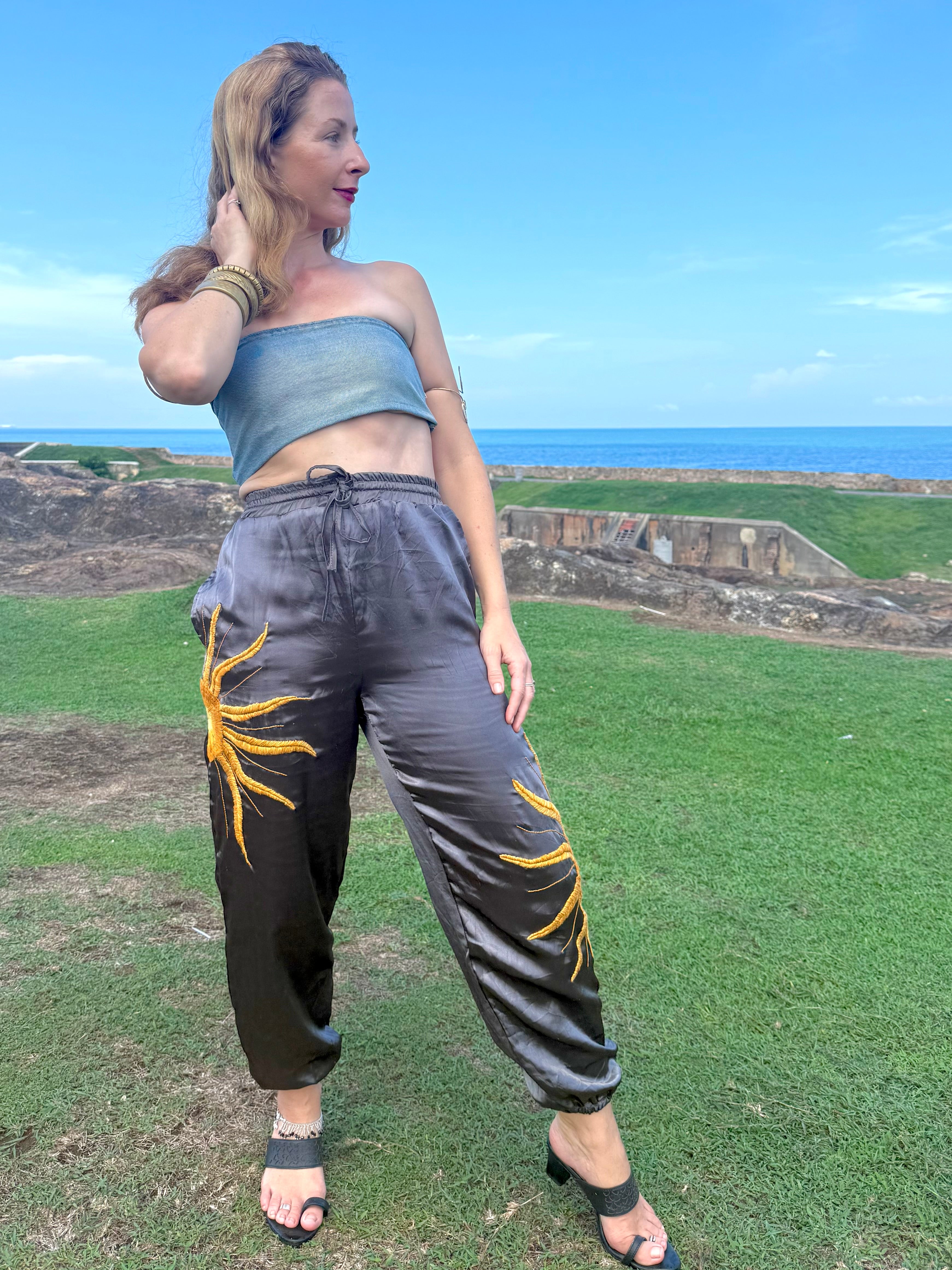 Inspired by sunset 1970 sunray boho pant and Denim Bandeau crop