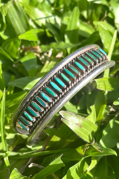 Vintage Native American S. Sanchez Zuni Signed - Turquoise & Silver Cuff