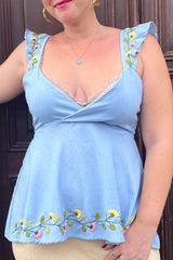 Baby Blue Léa Top - Linen & Shakira Embroidery
