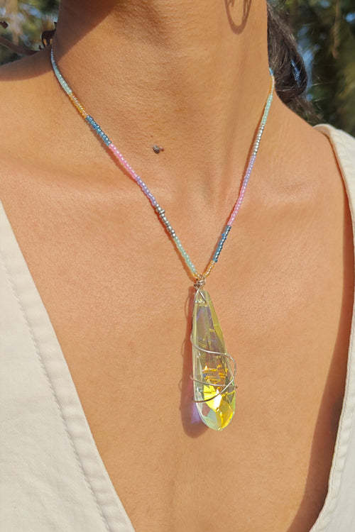 BoBo Crystal & Sterling Silver Wrap Necklace With Seed Beads - Made In Sri Lanka