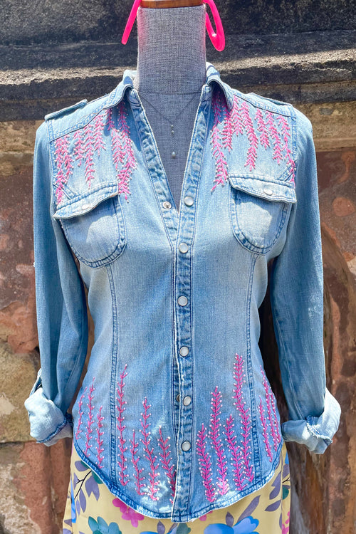Vintage Denim Button Down With Shakira Hand Embroidery- Up-Cycled Collection
