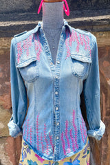 Vintage Denim Button Down With Shakira Hand Embroidery- Up-Cycled Collection