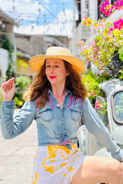 Vintage Denim Button Down With Shakira Hand Embroidery- Up-Cycled Collection