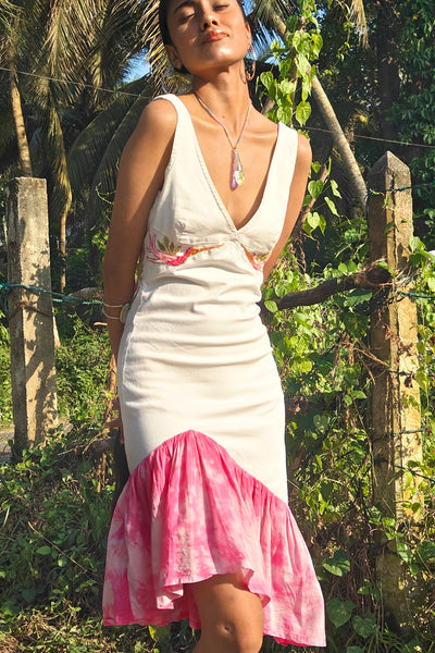 Birds Of Paradise Dress - Upcycled & Sri Lankan Artisanal Embroidery - Paradise In The Village Collection