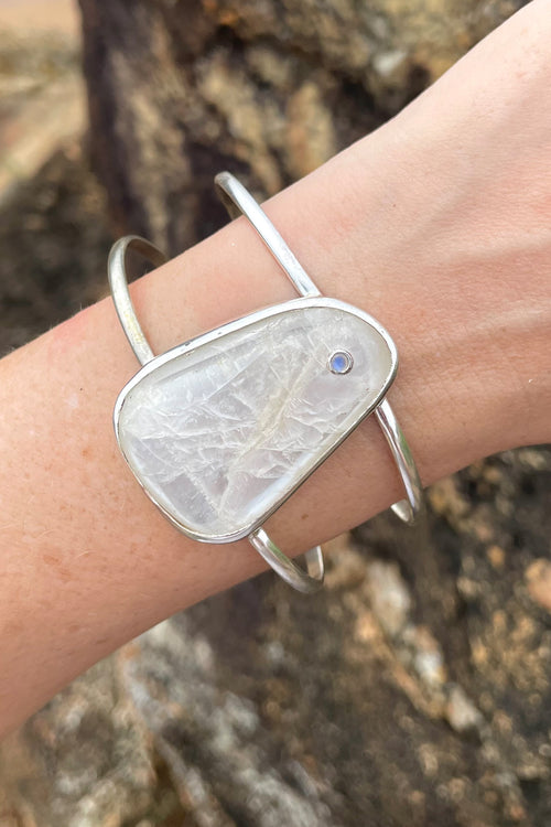 Sri Lankan Moonstone With Blue Moonstone Gem Accent Sterling Silver Cuff - Made In Sri Lanka