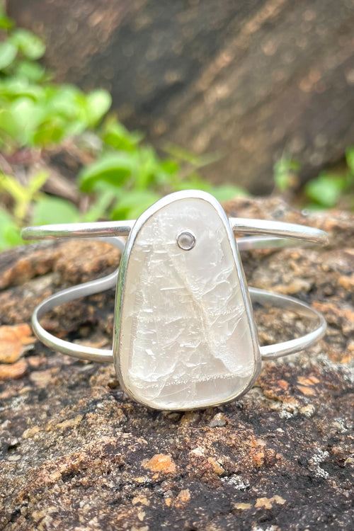 Sri Lankan Moonstone With Blue Moonstone Gem Accent Sterling Silver Cuff - Made In Sri Lanka