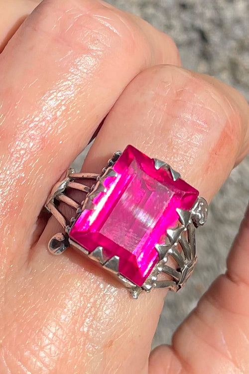 Vintage Afghan Ornate Fuscia Crystal & Silver Ring
