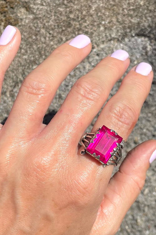 Vintage Afghan Ornate Fuscia Crystal & Silver Ring