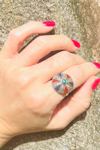 Vintage Afghan Ring With Turquoise, Coral And Lapis In .925 Silver