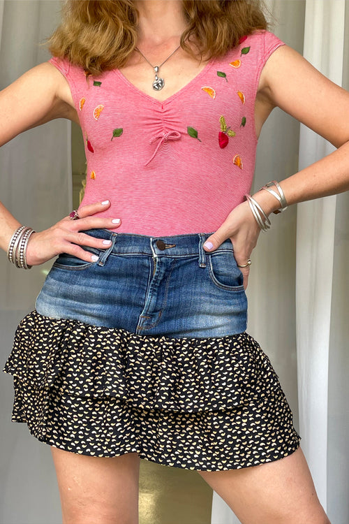 The Liz - Denim & Silk Liz Claiborne Dress Circa 1980s Peplum Skirt - Up-Cycled Collection