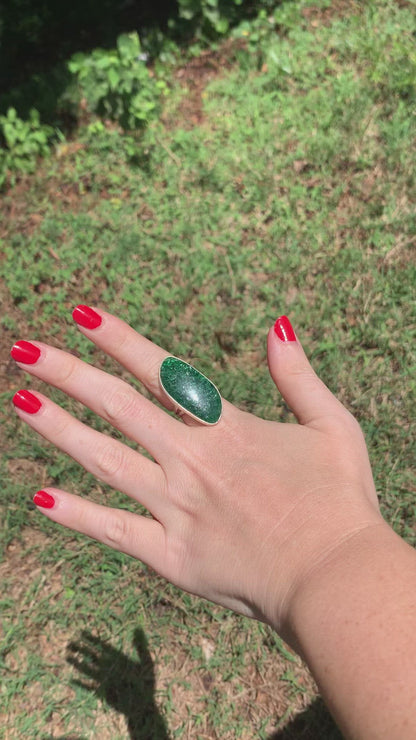 Sterling Silver Sparkly Green Aventurine Ring- Large Size 7.5