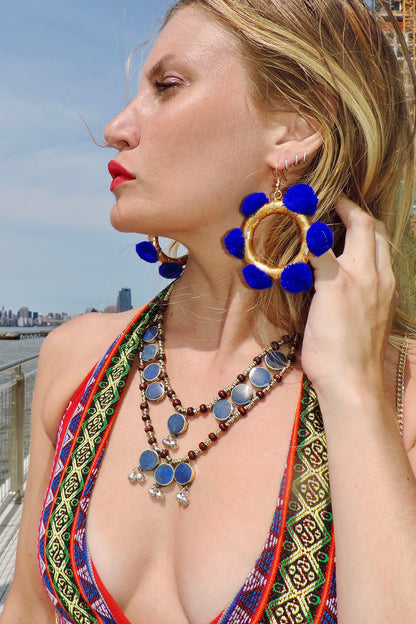 Alexia Pom Pom Hoop Earrings- Blue Hue & Gold