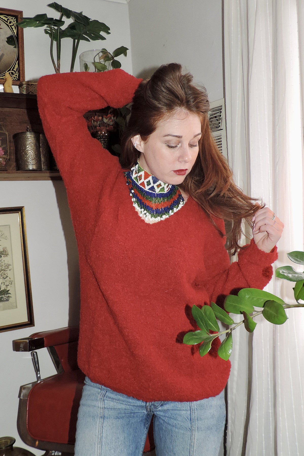 BoBo Hand Knit Baby Alpaca Oversized Sweater - Crimson