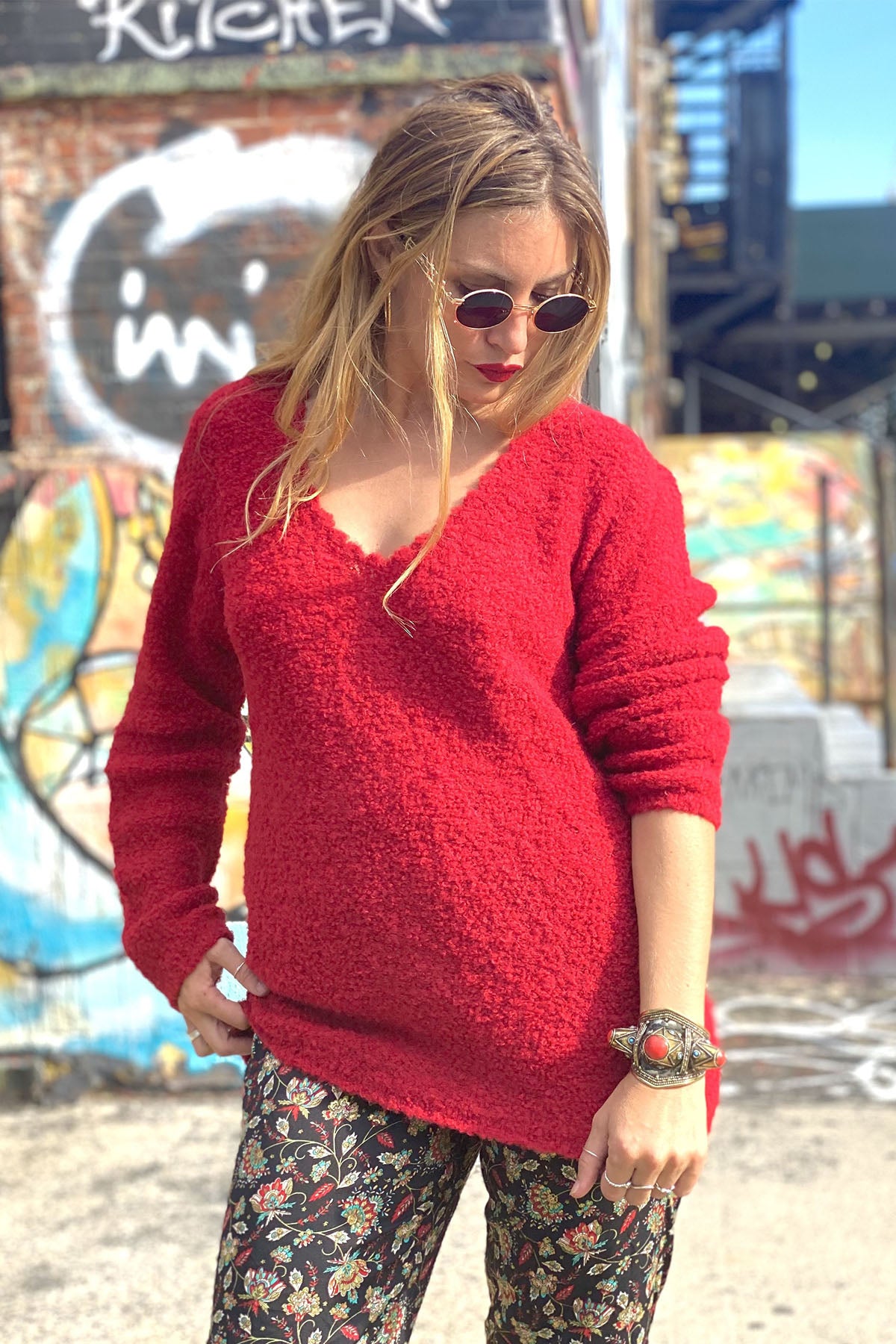 BoBo Hand Knit Baby Alpaca Oversized Sweater - Crimson