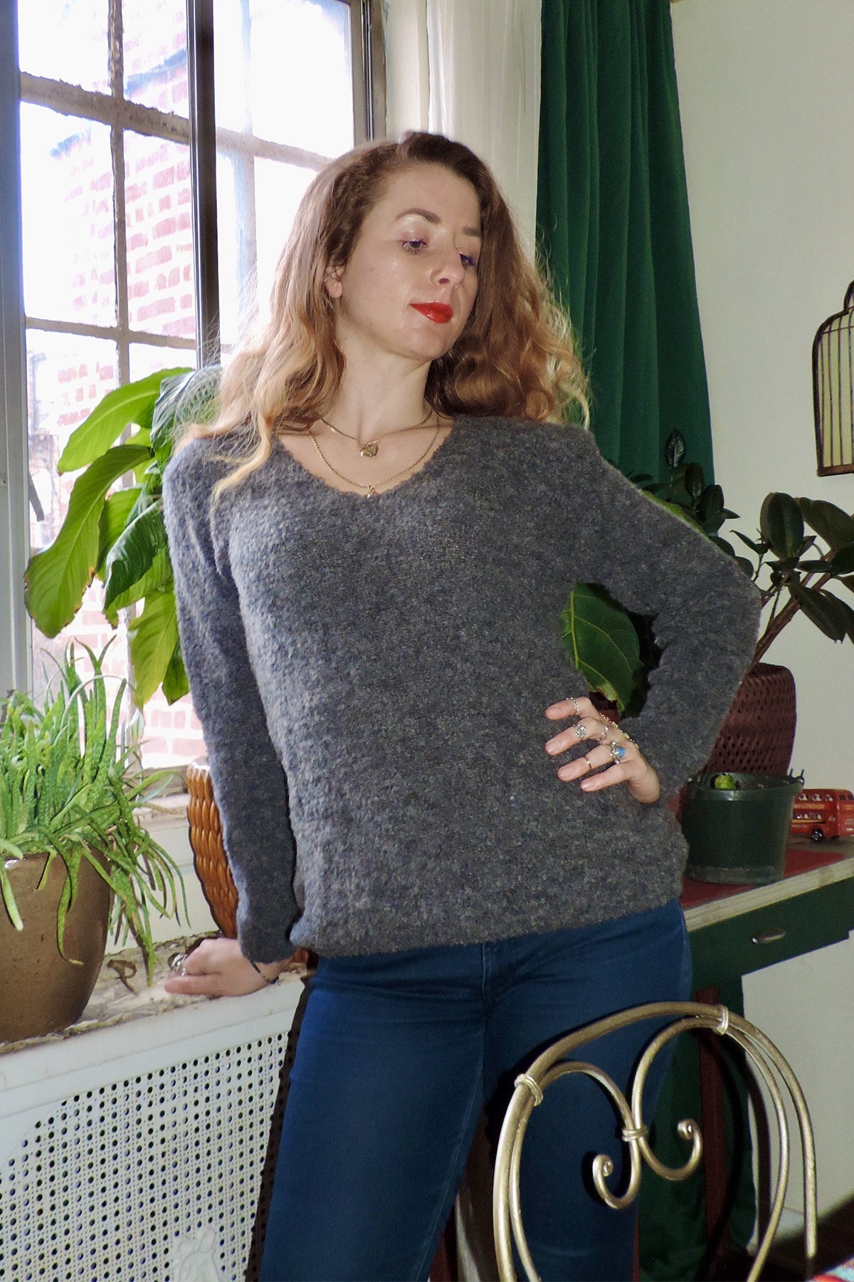 BoBo Baby Alpaca Hand Knit V-Neck Sweater - Shadow