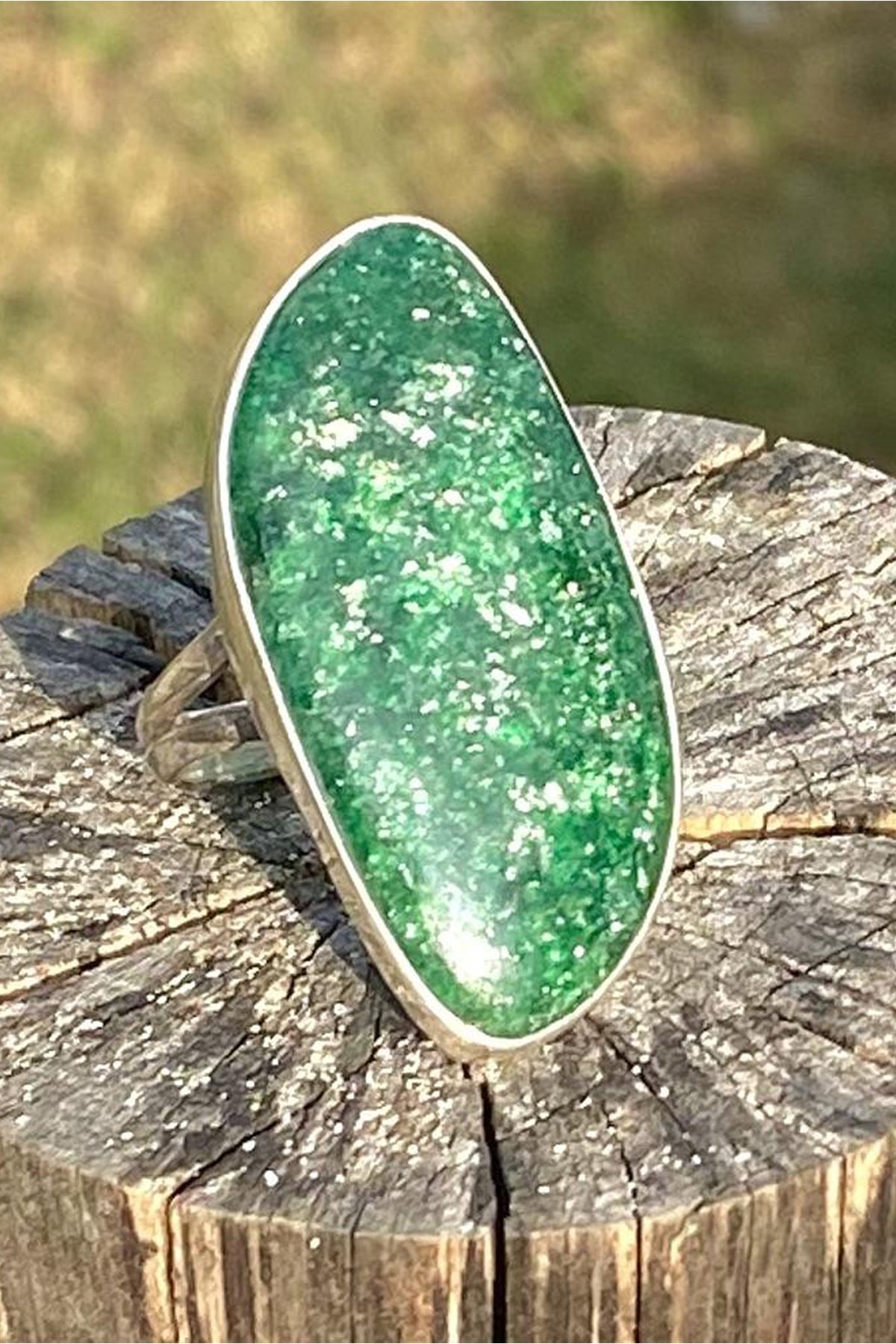 Sterling Silver Sparkly Green Aventurine Ring- Large Size 7.5