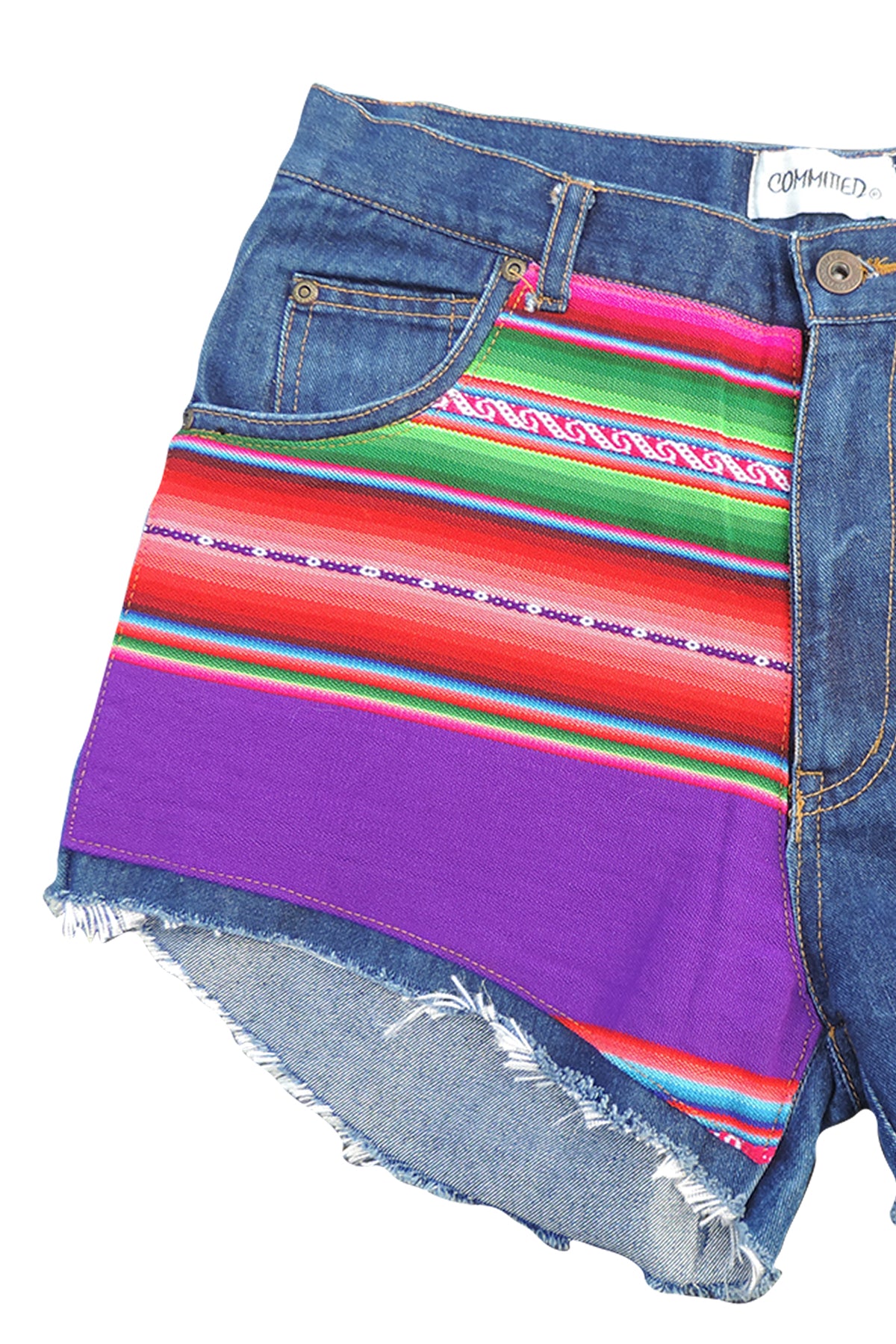 BoBo- Upcycled  Denim Shorts- Bolivian Textile- Commited Sz 11/12 31"