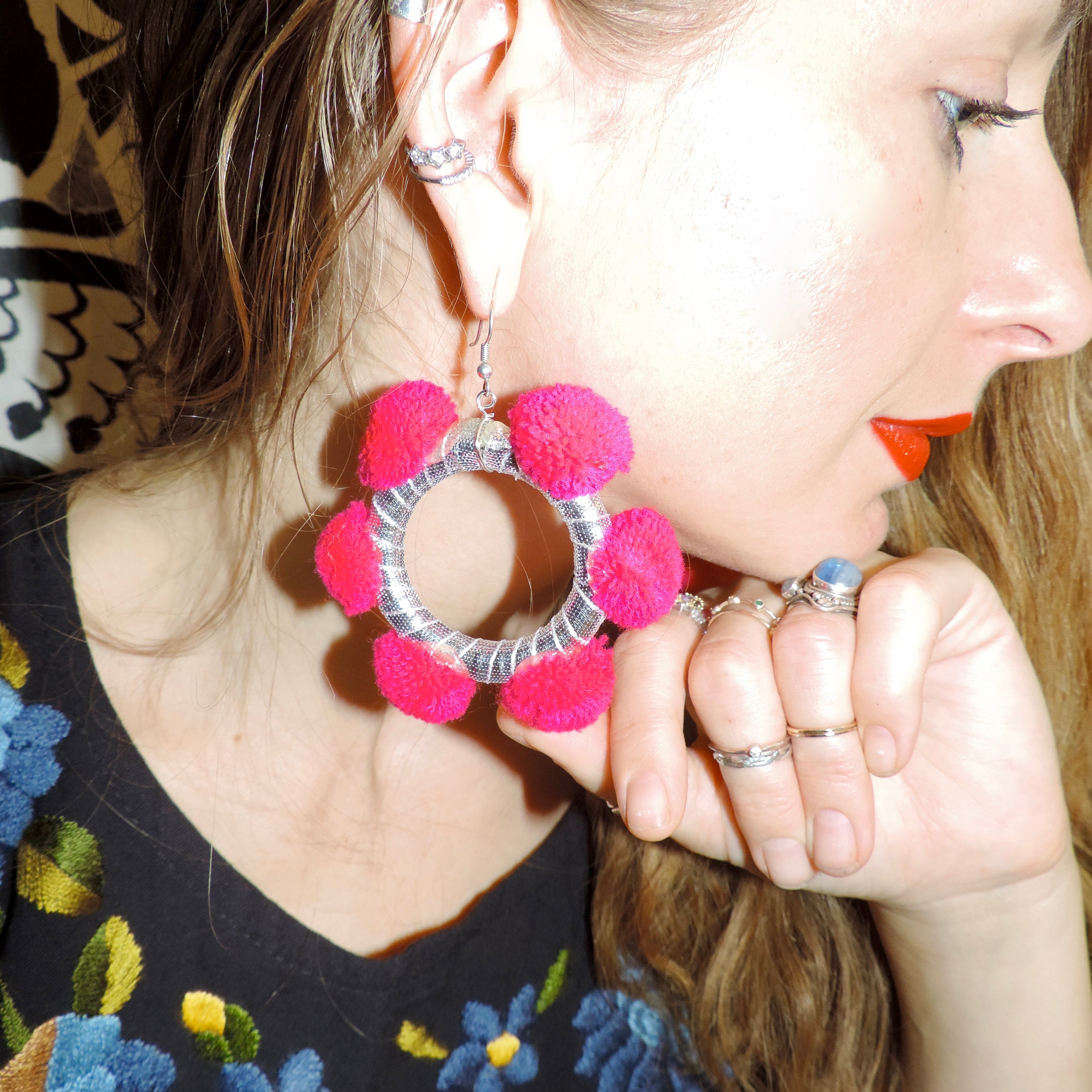 Alexia Pom Pom Hoop Earrings- Pink Kiss & Silver