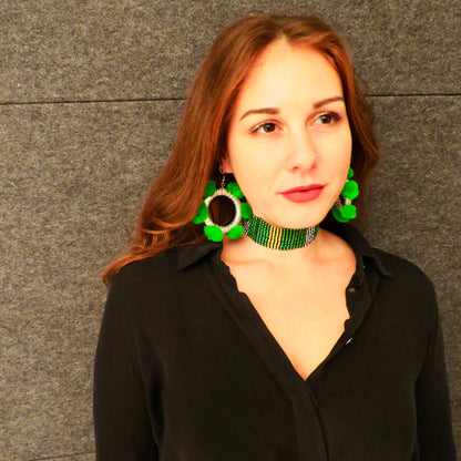 Alexia Pom Pom Hoop Earrings- Green Envy & Silver