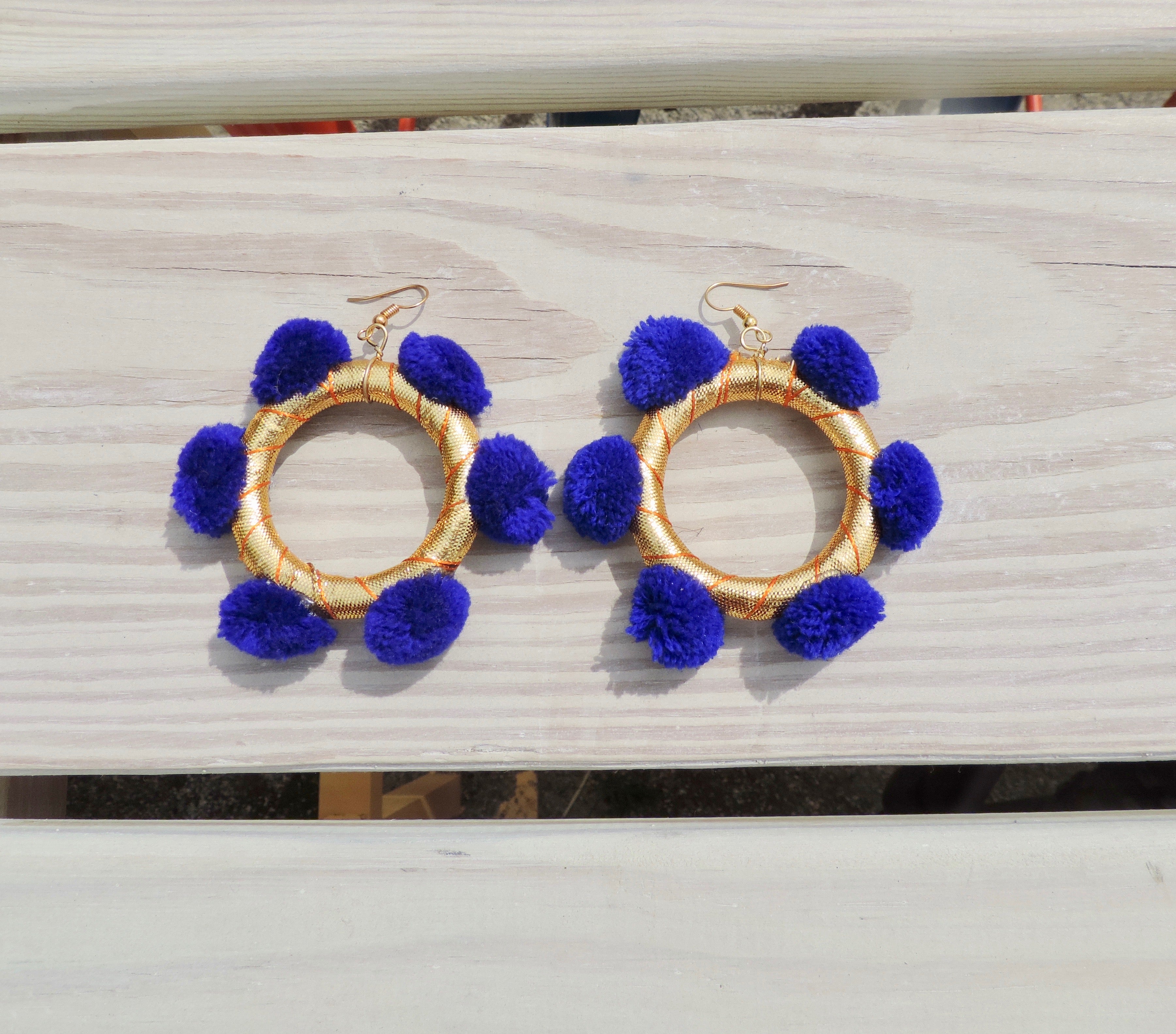 Alexia Pom Pom Hoop Earrings- Blue Hue & Gold