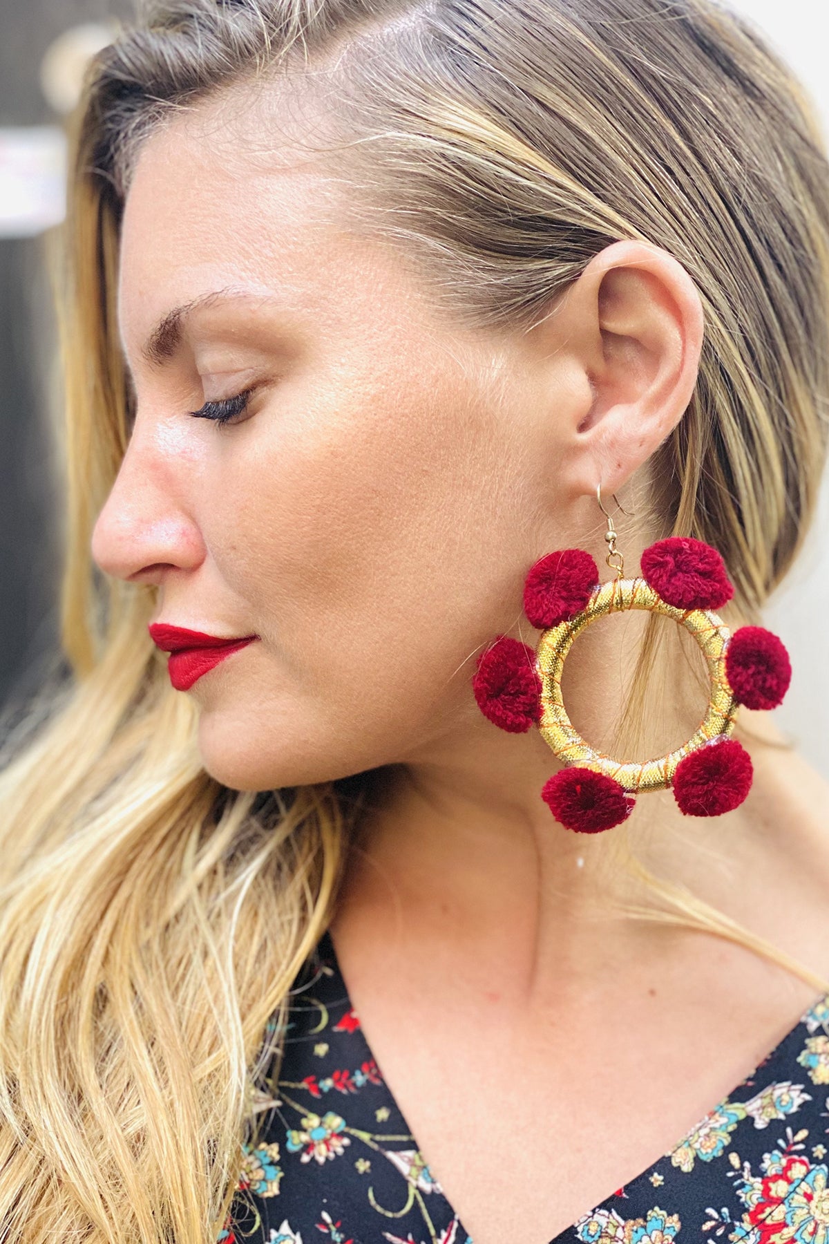 Alexia Pom Pom Hoop Earrings- Dynasty Red & Gold