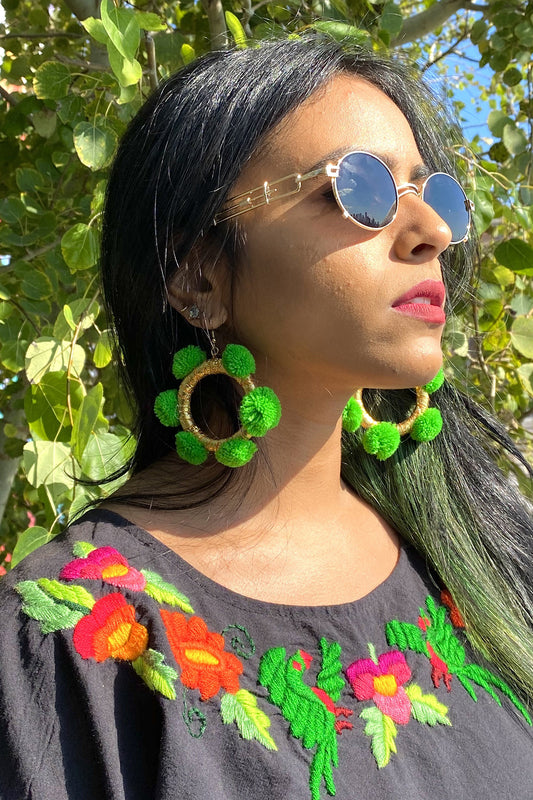 Alexia Pom Pom Hoop Earrings- Golden Green