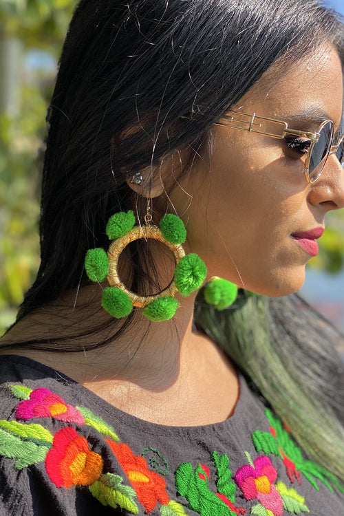 Alexia Pom Pom Hoop Earrings- Golden Green