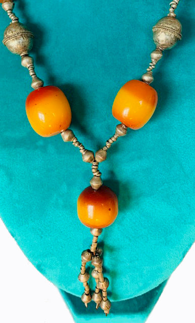 Vintage Harar Long Silver And Amber Necklace
